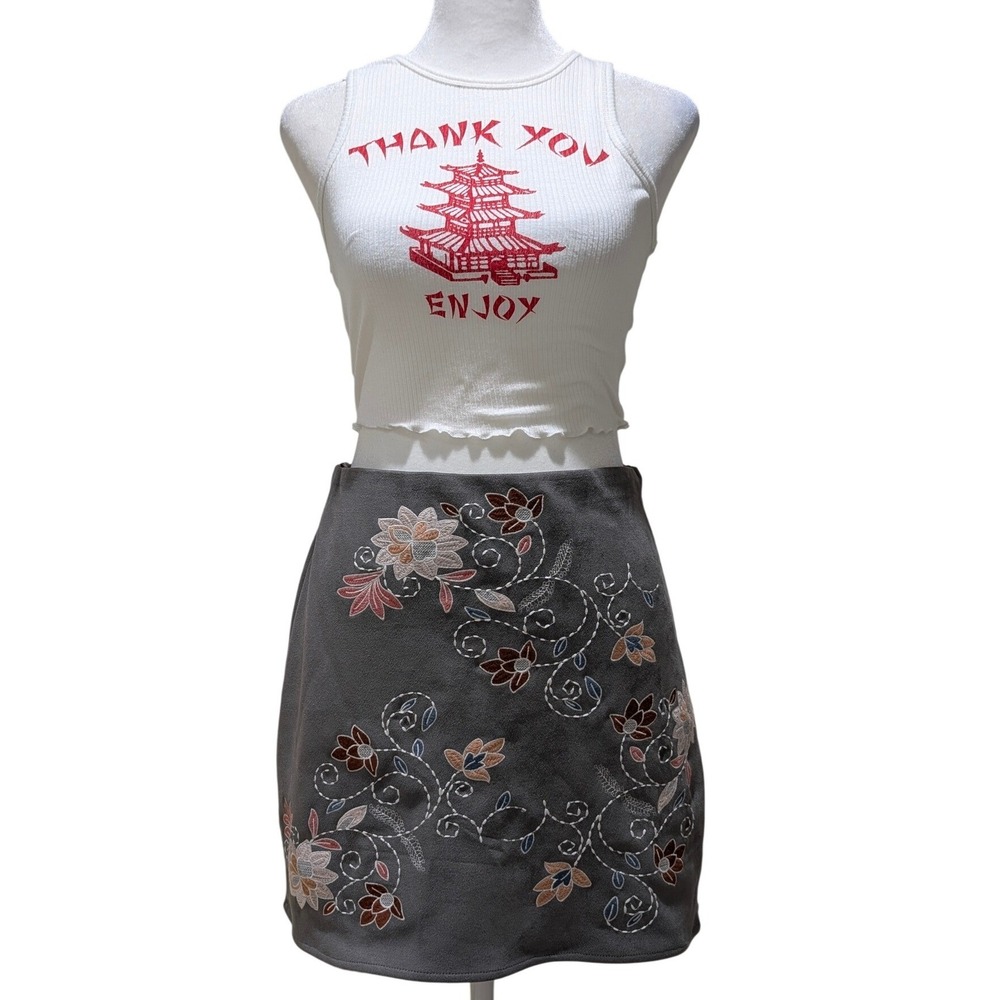 Blue Rain Anthropologie Floral Embroidered Mini Skirt Gray Cottagecore‎ Fairy S